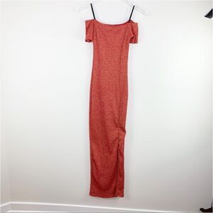 Uptown USA Sparkly Red Knit Off the Shoulder Body-con Maxi Dress w/Front Slit Sm
